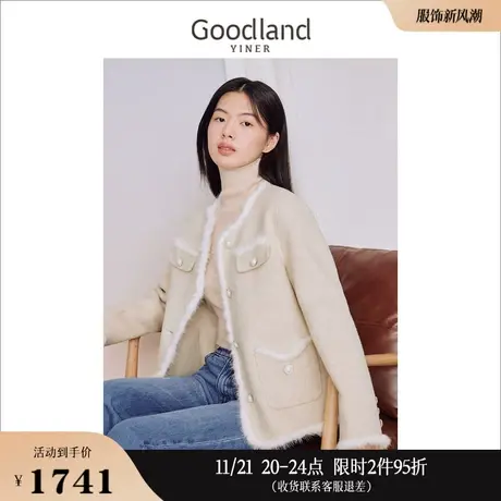 Goodland美地女装2023冬季圆领双面呢绵羊毛短款休闲毛呢外套商品大图