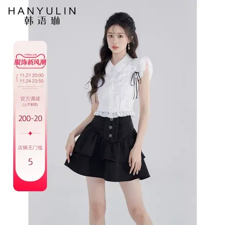 韩语琳白色格子飞飞袖上衣设计感小众女2023新夏季系带木耳边衬衫图片