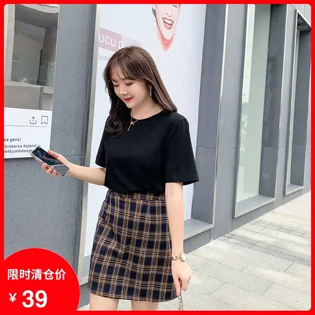 【清仓】季新款大码简约纯色百搭圆领T恤女短袖胖mm上衣宽松显瘦商品大图