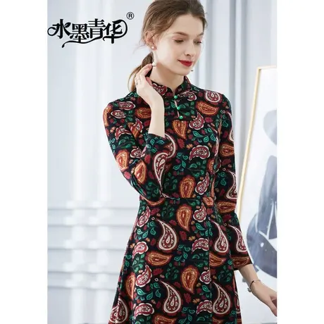 【1件7.9折】冬装新款时尚修身大摆裙简约收腰优雅气质印花连衣裙图片