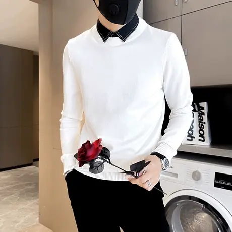 假两件毛衣男秋冬2023潮流韩版修身内搭个性衬衫领针织衫上衣体恤商品大图