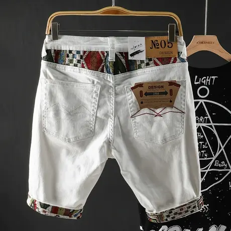 破洞牛仔短裤男士夏季新款五分裤子大码潮流刺绣白色潮牌宽松休闲图片
