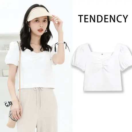 ZR真维斯短款t恤女2023新款夏季方领抽皱泡泡袖高腰显瘦白色短袖商品大图