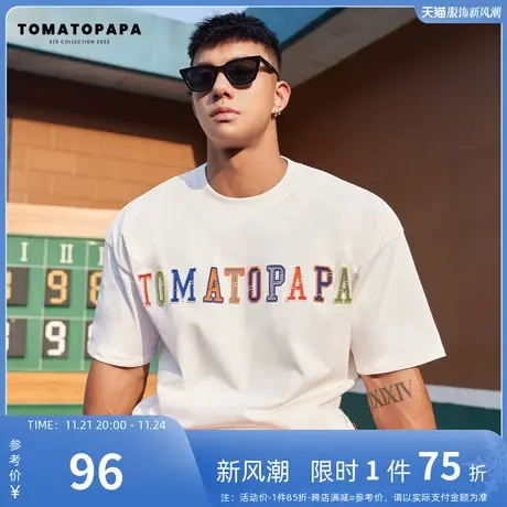 TOMATOPAPA原创短袖t恤圆领宽松重磅棉潮流时尚彩虹绣花体恤上衣商品大图