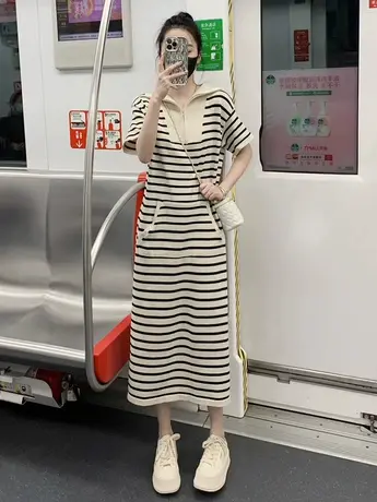 大码夏装新款胖mm条纹短袖连衣裙女宽松慵懒风长款小众裙子200斤图片