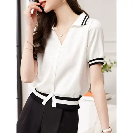 时尚气质POLO领短袖针织衫2023年夏季新款女温柔休闲显瘦翻领上衣商品大图