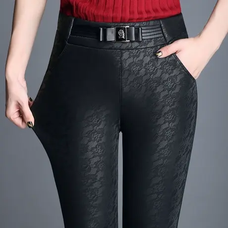 加绒加厚皮裤女秋冬外穿黑色蕾丝拼接高腰PU皮打底裤小脚长裤大码图片