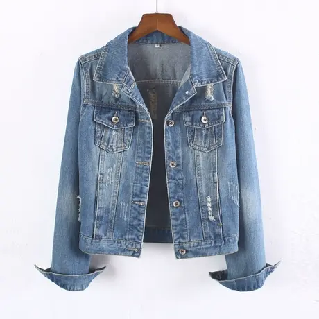 牛仔外套女春秋短款修身韩版新款显瘦长袖牛仔服上衣破洞966商品大图