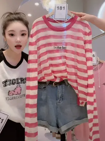 防晒衣女款夏季薄款透气宽松条纹大码美式中长款设计感冰丝上衣洋商品大图