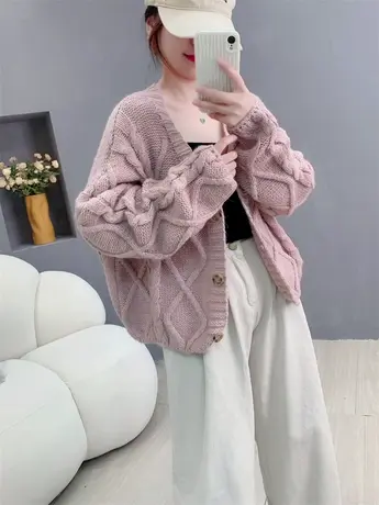 慵懒风菱格开衫毛衣外套女秋冬新款韩版甜美减龄外穿亮片针织上衣商品大图