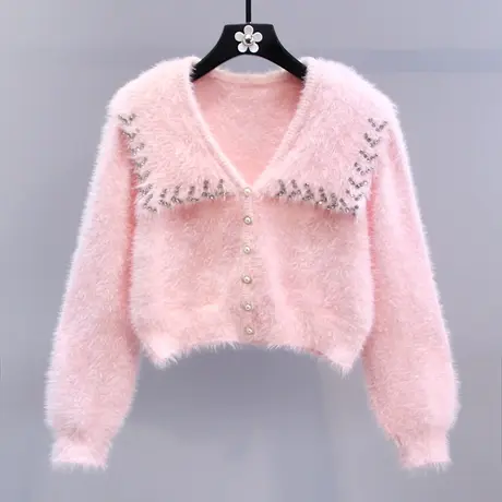 小香风镶钻娃娃领毛衣外套女秋冬2023新款日系甜美短款针织开衫商品大图