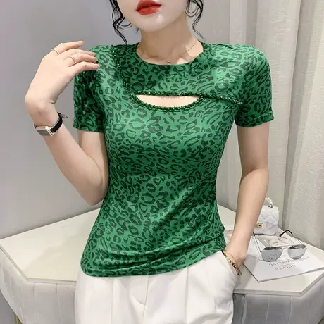 时尚钉珠豹纹T恤女短袖欧货修身显瘦性感上衣设计感心机镂空小衫图片