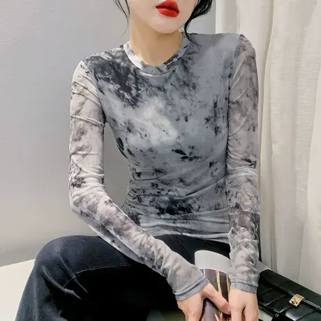 欧货网纱打底衫女内搭长袖2024秋季新款时尚圆领上衣气质别致T恤商品大图