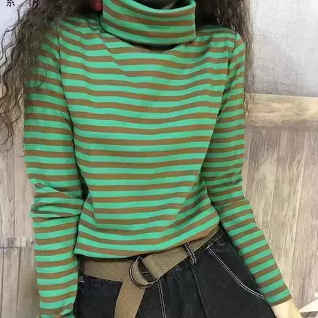 2023新款高领打底衫女内搭长袖秋冬洋气百搭条纹卫衣修身显瘦上衣商品大图