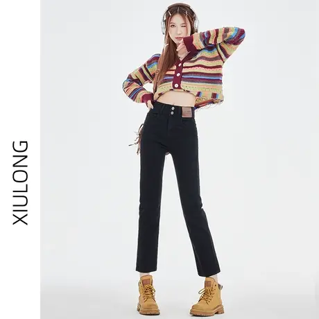 黑色高腰直筒牛仔裤女春秋2023年新款显瘦小个子九分宽松烟管裤子商品大图