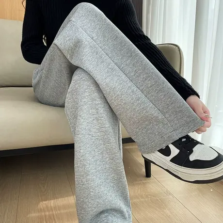 窄版阔腿裤女秋冬2024新款高腰直筒垂感灰色休闲加绒加厚运动裤子商品大图