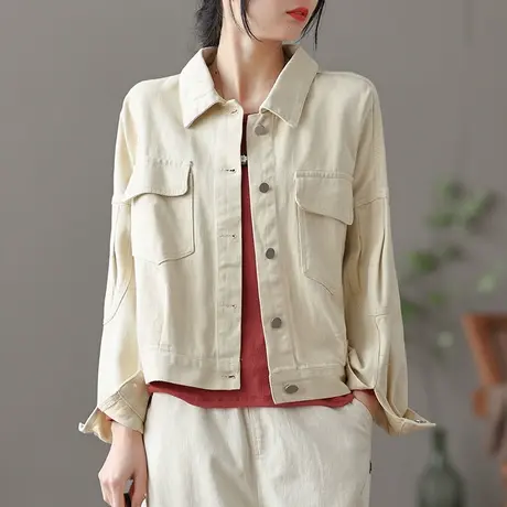 dza 文艺复古短款宽松工装外套女士春季新款百搭开衫休闲夹克上衣图片