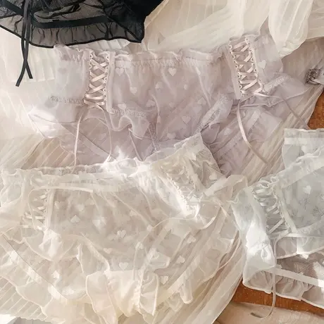 3条朦胧网纱爱心内裤可爱木耳边日系透气性感丝带中腰包臀少女夏图片