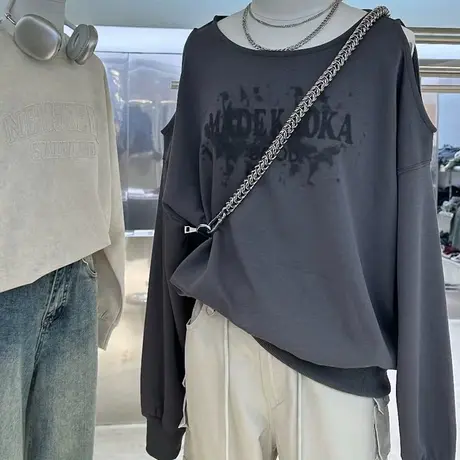 露肩字母印花卫衣外套女2023秋新款慵懒风宽松长袖百搭上衣打底衫商品大图