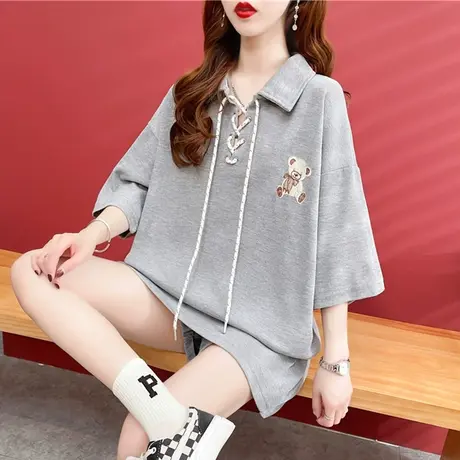 设计感小众短袖t恤女夏季韩版宽松中长款翻领polo衫小个子上衣服商品大图