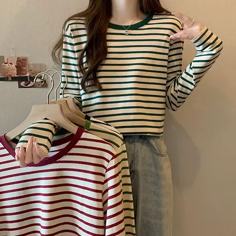 条纹纯棉内搭打底衫女2023早秋新款百搭修身韩版学院风长袖T恤潮商品大图
