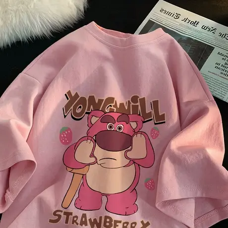 美式t恤女oversize大码粉色卡通上衣ins纯棉百搭小熊印花减龄短袖商品大图