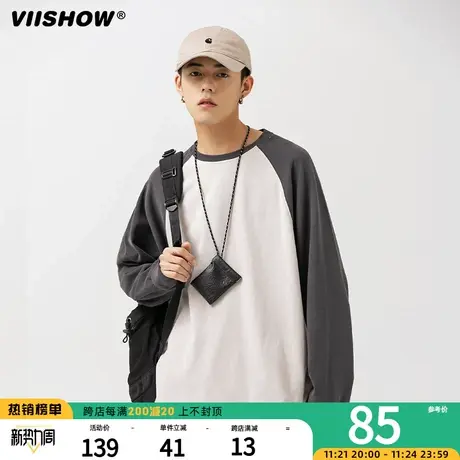 VIISHOW重磅插肩长袖t恤男春秋美式撞色拼接打底衫宽松圆领卫衣男商品大图