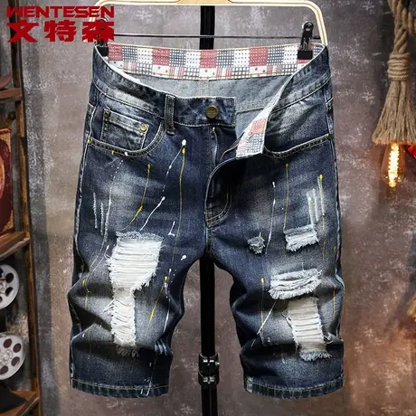 个性破洞潮流五分裤子男夏季2023新款韩版潮流休闲百搭牛仔裤男士商品大图