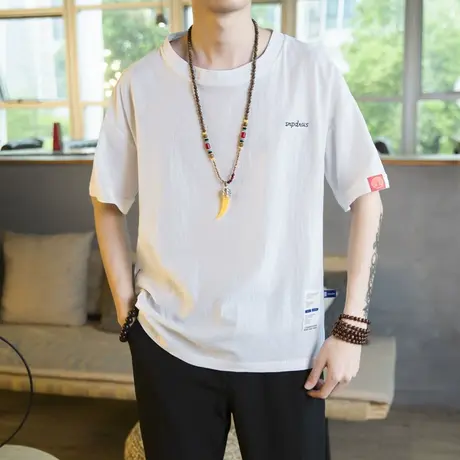 夏季亚麻短袖T恤男士上衣 圆领宽松薄款棉麻白色日系复古潮流体恤商品大图