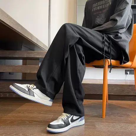 日系少年感裤子男秋季宽松直筒美式黑色阔腿垂感休闲运动工装长裤商品大图
