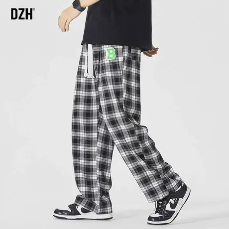 男生黑白格子休闲裤男春夏宽松阔腿裤高街ins潮牌一裤两穿长裤子图片