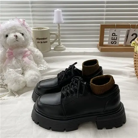 英伦风小皮鞋女春秋2024新款日系jk学生圆头粗跟防滑厚底系带单鞋商品大图