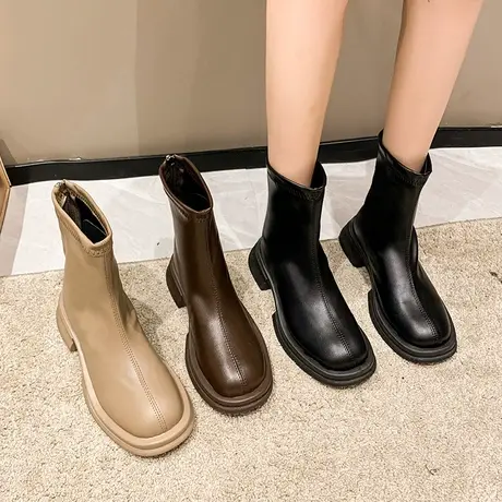 马丁靴女英伦风2024新款春秋单靴平底软皮弹力瘦瘦靴法式切尔西靴图片