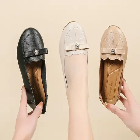 单鞋女2024年新款春秋平底女鞋中老年妈妈鞋子软底豆豆鞋夏天皮鞋商品大图
