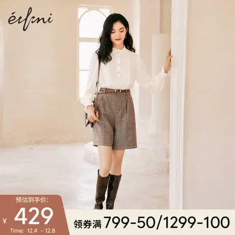 伊芙丽短裤女外穿2021新款高腰五分直筒裤格子毛呢阔腿休闲裤女冬图片