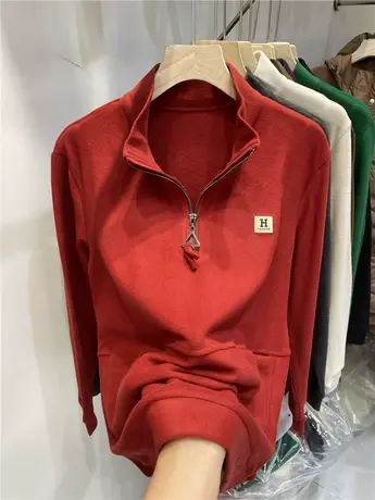 欧货立领半拉链标贴双面德绒卫衣女2023秋冬新款宽松保暖口袋上衣商品大图