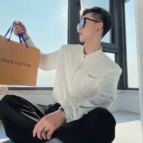 秋季男士衬衫上衣长袖修身纯色条纹发型师潮牌潮流休闲帅气衬衣商品大图