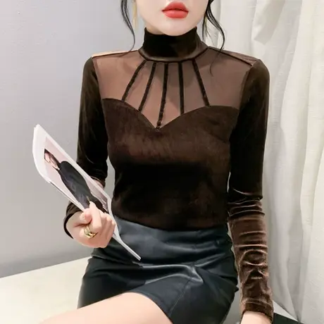性感网纱丝绒拼接长袖打底衫女时尚洋气内塔上衣修身半高领T恤ins商品大图
