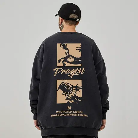 新年重磅国潮复古红色大码蛇年卫衣男圆领纯棉做旧高街加绒春秋款图片