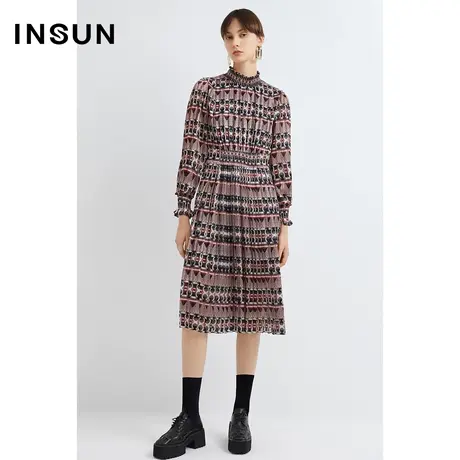 INSUN恩裳春季绸面印花松紧腰抗皱连衣裙图片