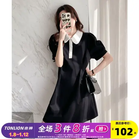 唐狮黑色Polo连衣裙女2024新款收腰显瘦泡泡袖A字裙小个子裙子e5商品大图