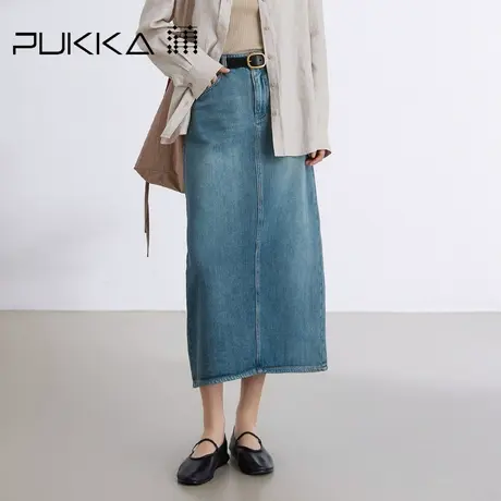 蒲PUKKA 牛仔半身裙女2024早春新款修身复古开叉H型中长裙子图片
