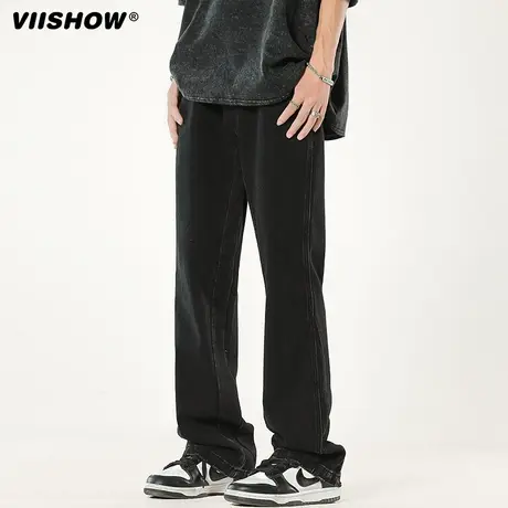 VIISHOW浅蓝色水洗牛仔裤男美式高街休闲垂感直筒宽松阔腿长裤子商品大图