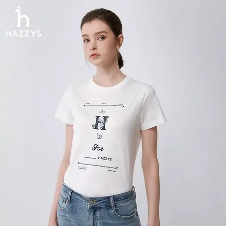 【柔软纯棉】Hazzys哈吉斯夏季休闲印花上衣体恤圆领短袖t恤衫女商品大图