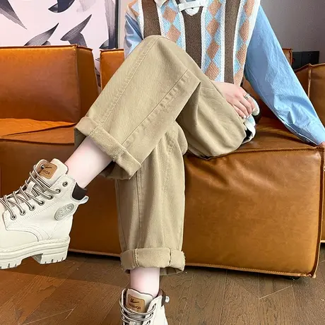 卡其色休闲裤女春秋新款高腰宽松直筒九分香蕉阔腿裤哈伦老爹裤子图片