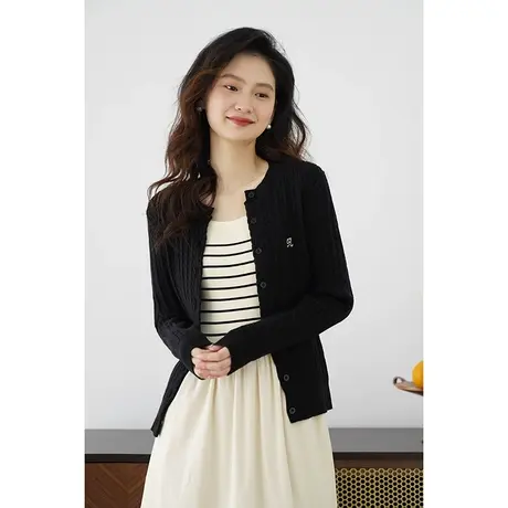 嘉茱莉新款麻花针织开衫外套女设计感针织衫圆领针织上衣设计感商品大图