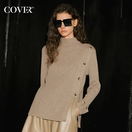 COVER2023冬季坑条单排扣设计羊毛针织衫商品大图