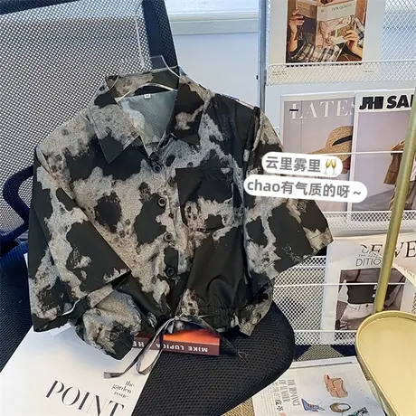 港味复古chic扎染短袖衬衫女内搭夏季衬衣高级设计感小众短款上衣图片