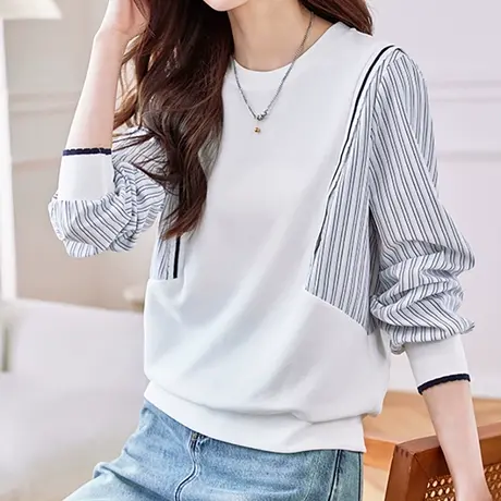 韩潮袭人简约宽松圆领长袖拼接卫衣百搭休闲条纹上衣女图片
