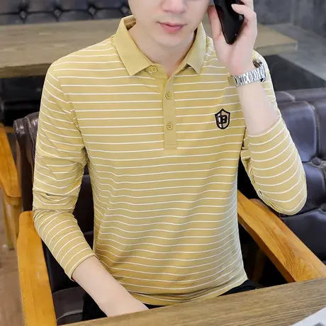 纯棉秋季男士t恤修身翻领长袖polo衫条纹潮流时尚休闲百搭打底衫商品大图